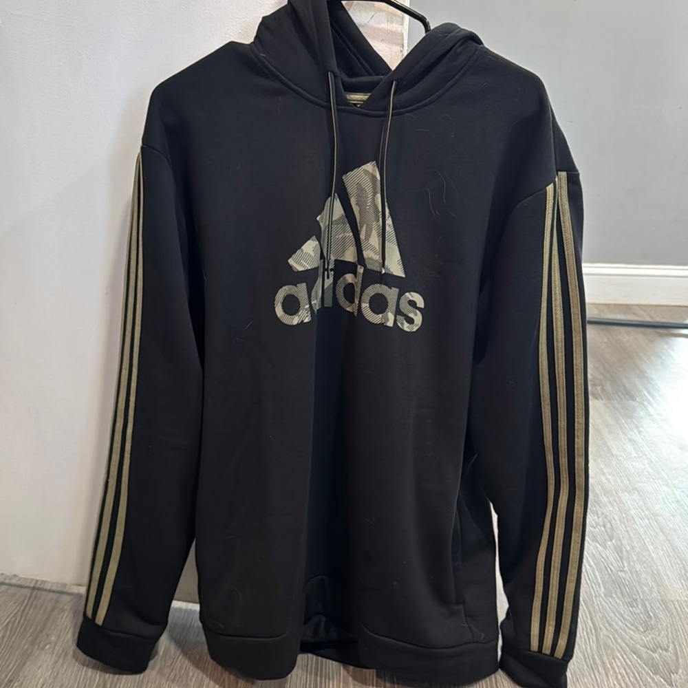 Adidas Black Hoodie with Gold Stripes
